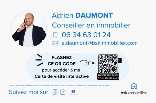 En exclusivité à Meaux, à proximité immédiate du parc du Pâtis, au sein d’une copropriété récente des années 2010, venez découvrir cet appartement de type F3 de 58,03 m² environ, situé au 3ème et dernier étage.

Il se compose d’une entrée en couloir desservant deux chambres ouvrant sur un balcon de 8,24 m² environ, une salle de bains et un WC séparé. Dans son prolongement, vous découvrirez un beau séjour avec cuisine américaine, baigné de lumière et ouvert sur une superbe terrasse de 34 m² environ exposée Sud-Ouest. Un véritable atout pour profiter des beaux jours, recevoir ou simplement se détendre en extérieur.

Deux places de stationnement en enfilade en sous-sol viennent compléter ce bien.

Les plus : dernier étage, copropriété récente, grande terrasse exposée Sud-Ouest, balcon accessible depuis les chambres, double vitrage PVC, fibre, chauffage collectif par géothermie et deux stationnements en sous-sol.

Un appartement lumineux, fonctionnel et rare sur le secteur grâce à ses beaux extérieurs. Pour plus d’informations ou pour organiser une visite, contactez-moi !