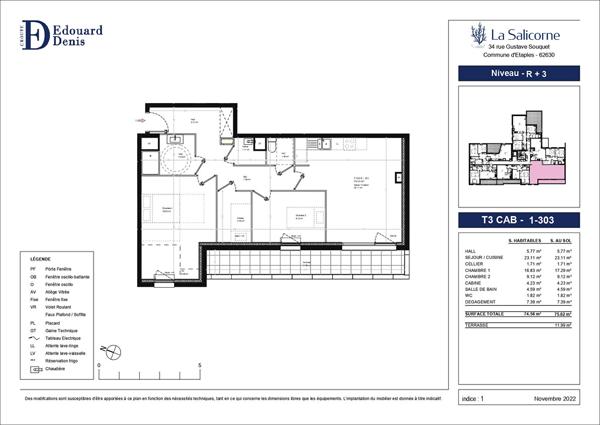 Appartement Etaples 3 pièces + cabine 74.56m² + terrasse 12m²