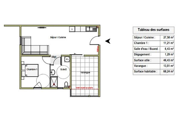 Appartement t2 Superficie 43 m2 Terrasse 13 m2 proximité Hôpital