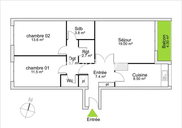 Appartement 3 pièces - 71 m² Exclusivité efficity