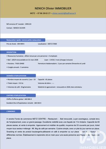 Restaurant à vendre 156 m² Metz