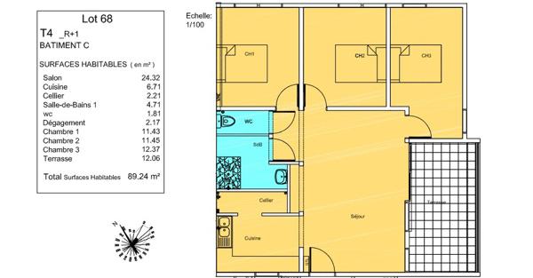 Appartement T4 Superficie 77 m2 avec 12.06 m2 de Terrasse Résidence sécurisée avec piscine