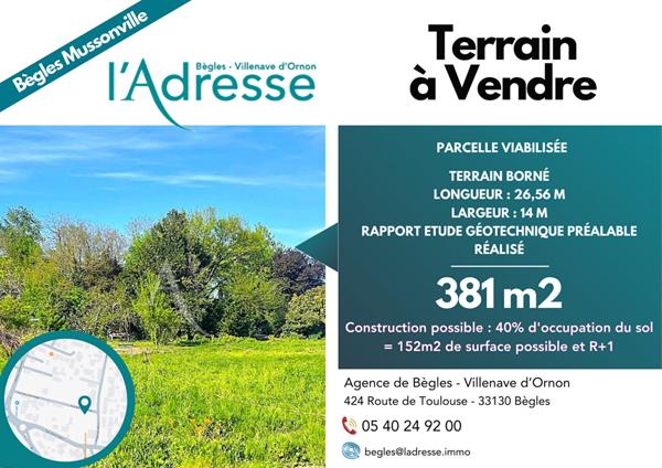 BEGLES : Terrain à bâtir 381m²