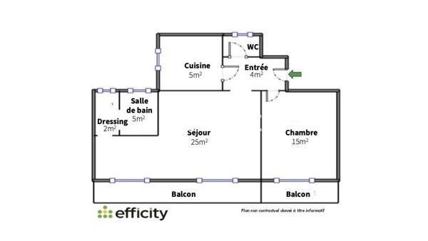 Appartement 2 pièces - 57 m² Exclusivité efficity