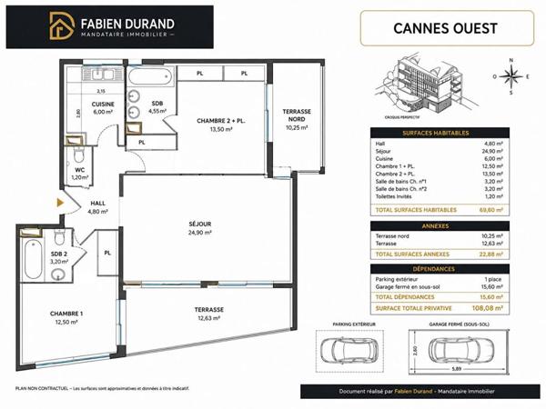 CANNES PLAGE DU MIDI 700m 3 PIÈCES 71,8 M² DEUX TERRASSES 22 M²  PISCINE  GARAGE -   APERÇU MER