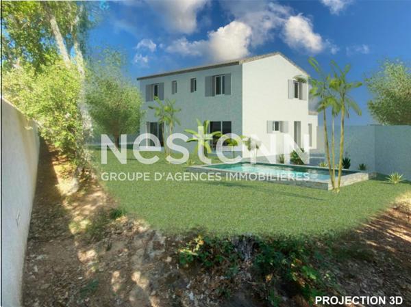 Terrain avec dalle et fondations prêtes. Permis de construire accordée pour maison 145 m² avec piscine et garage.