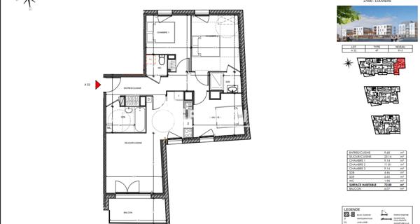 Location Appartement 3 pièces 67.93 m² - Louviers 27400