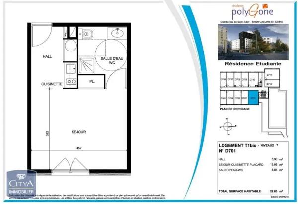 Appartement à louer 1 pièce 29.83m² Caluire-et-Cuire (69300)