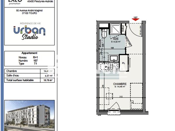 Location Studio 18.78 m² - 80 AVENUE ANDRE MAGINOT Tours 37100