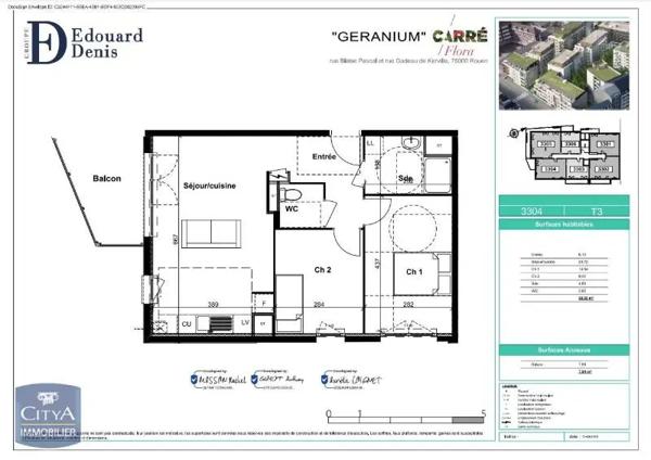 Appartement à louer 3 pièces 58.52m² Rouen (76100)