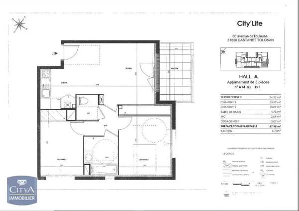 Appartement à louer 3 pièces 57.95m²