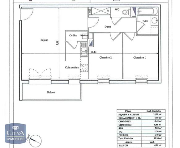 Appartement à louer 3 pièces 62.94m²