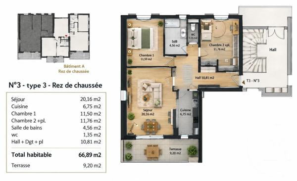Appartement T3 à vendre  3 pièces - 66,89 m 2   CHATEAURENARD  - 13