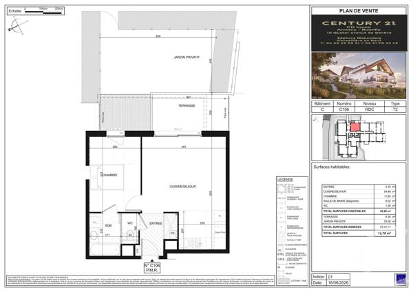 Appartement T2 à vendre  2 pièces - 45,66 m 2   POISY  - 74
