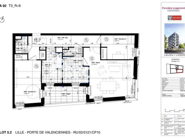 Location Appartement 3 pièces 75.61 m² - 110 RUE DE TREVISE PORTE A92 Lille 59000