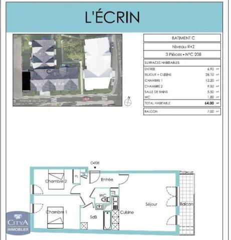 Appartement à louer 3 pièces 64m²