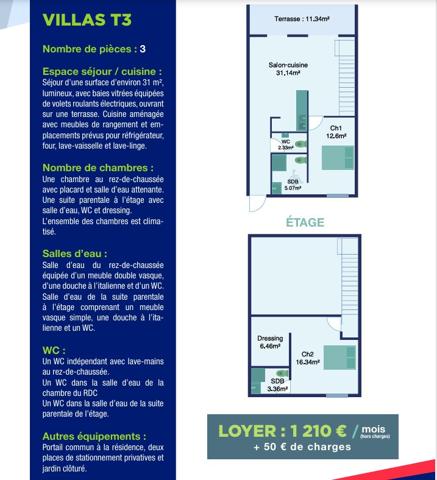 Maison mitoyenne Duplex de type T3 avec jardinet secteur La Chaumière