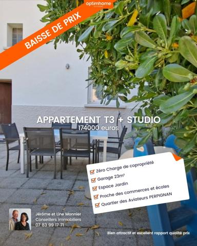 Appartement à vendre + Studio Indépendant + Garage + Jardin  (66) QUARTIER DES AVIATEURS PERPIGNAN
