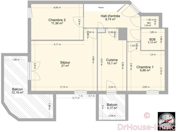 Appartement à vendre 3 pièces de 65 m²