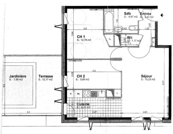 Appartement F3 à vendre  3 pièces - 59,58 m 2   PARIS  - 75019