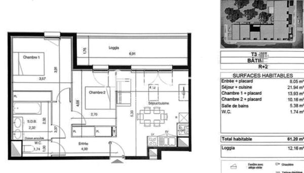 T3 lumineux dernier étage avec Loggia au calme sans vis à vis