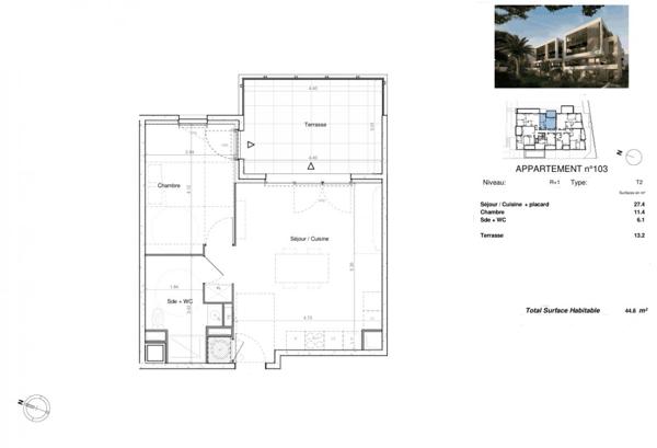 Sète. Appartement 2 pièces de 44,5 m² au 1er étage, terrasse 13 m² Est, à deux pas de l'Espace Georges Brassens
