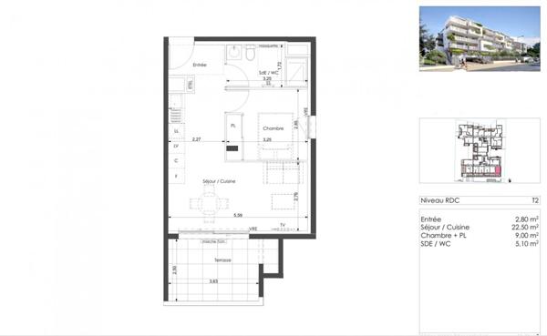 Terrasse plein sud. Élégant T2 dans résidence haut de gamme. Quartier de la Corniche