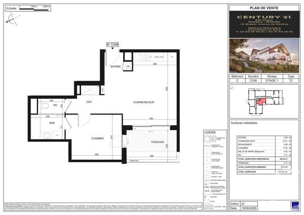 Appartement T2 à vendre  2 pièces - 45,05 m 2   POISY  - 74