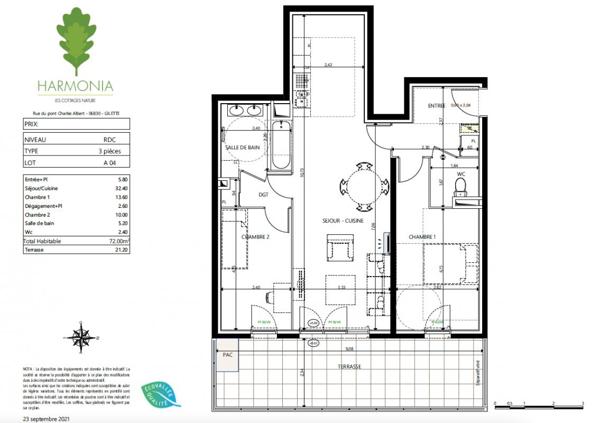 Magnifique T3 de 72 m² avec sa terrasse de 21 m², un double stationnement et une cave