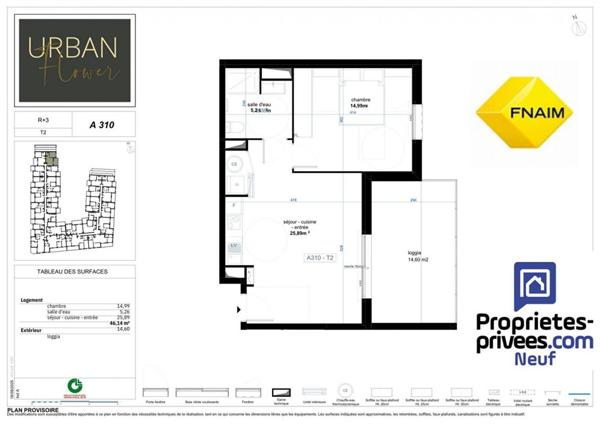 CE 2 pièce(s) 46.14 m2 avec sa loggia de 14,60 m2 vous attend