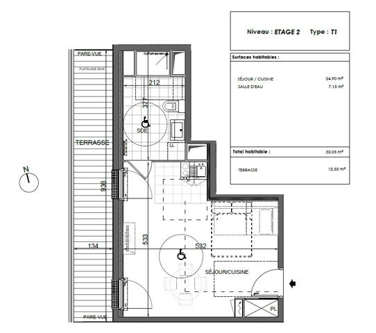 Grand studio neuf de 32,05 m² -  terrasse de 12,55 m²  - parking ssol - 78390 Bois-d'Arcy