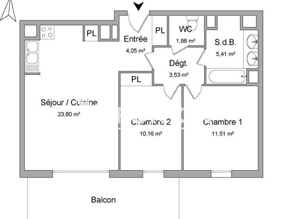 Location Appartement 3 pièces 60.44 m² - 16 AVENUE ANDROMEDE Blagnac 31700