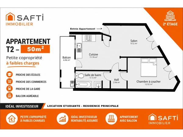 Appartement T2 traversant (50m2) avec balcon (7m2) - Faible charges