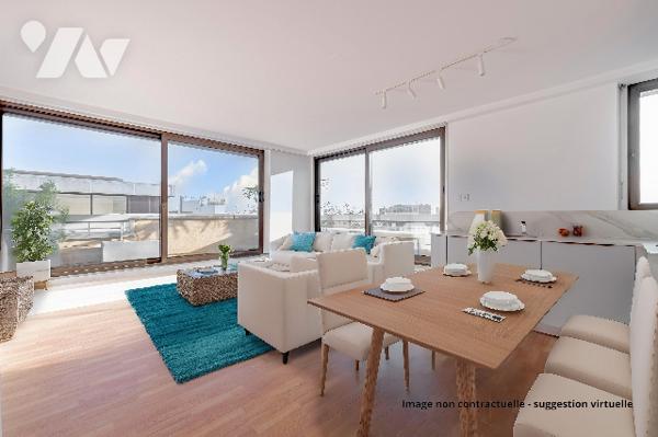 2P rénové au 7e avec terrasse plein ciel, vue dégagée, cave – rare à la vente