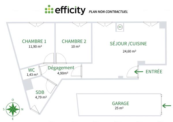 Appartement 3 pièces - 57 m² Exclusivité efficity