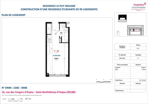 ANGERS Résidence étudiante neuve – studio à louer- Le Puy Heaume ST BARTHELEMY-D’ANJOU