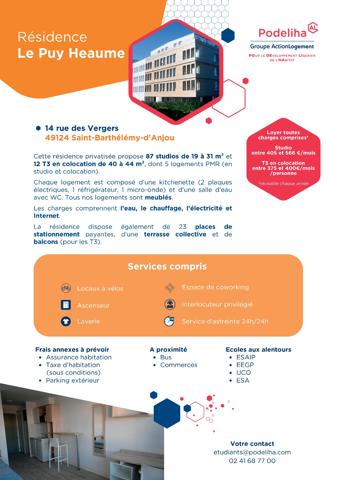 ANGERS Résidence étudiante neuve – studio à louer- Le Puy Heaume ST BARTHELEMY-D’ANJOU