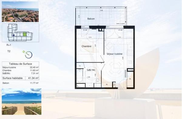 T2 lumineux de plus de 41 m², exposé Est, avec parking privatif, à 150 m de la plage