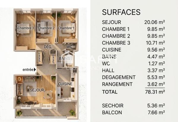 Lormont – T4 3 chambres avec balcon, loggia et cave