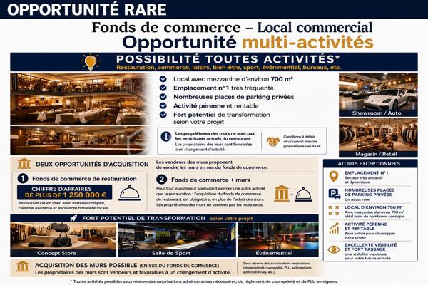 Un emplacement stratégique pour développer votre projet

Vous recherchez un établissement bénéficiant d’une excellente visibilité, d’un fort passage et d’un potentiel de développement exceptionnel ?

Découvrez cette opportunité unique : un ensemble commercial d’environ 700 m² avec mezzanine, implanté sur un emplacement particulièrement recherché et bénéficiant de nombreuses places de stationnement privées.

Deux possibilités d’acquisition selon votre projet :

1️⃣ Reprise d’une activité de restauration performante

Exploité avec succès depuis plusieurs années, cet établissement bénéficie d’une activité pérenne et rentable avec un chiffre d’affaires supérieur à 1 250 000 €.

Les atouts :
✔ Chiffre d’affaires supérieur à 1,25 M€
✔ Établissement clé en main
✔ Clientèle fidèle et récurrente
✔ Nombreuses places de parking privées
✔ Emplacement n°1 très fréquenté
✔ Fort potentiel de développement

2️⃣ Acquisition du fonds de commerce avec possibilité d’acquérir les murs

Les propriétaires des murs proposent également leur vente, en complément du fonds de commerce.

Cette opportunité peut convenir à un investisseur ou à un exploitant souhaitant développer une activité différente de la restauration, sous réserve des autorisations administratives nécessaires et des réglementations applicables.

Important : les murs ne sont pas proposés à la vente séparément. Toute acquisition des murs est conditionnée à l’acquisition simultanée du fonds de commerce, conformément à la volonté des vendeurs.

Un bien aux multiples perspectives

Grâce à sa surface, sa configuration et son emplacement stratégique, ce site peut répondre à de nombreux projets :

• Commerce spécialisé
• Concept store
• Showroom
• Salle de sport ou de bien-être
• Activité événementielle
• Bureaux ou espace professionnel
• Projet commercial innovant

Les points forts :

✅ Local avec mezzanine d’environ 700 m²
✅ Emplacement n°1 à forte visibilité
✅ Nombreuses places de parking privées
✅ Activité rentable et reconnue
✅ Possibilité d’acquérir les murs en complément du fonds
✅ Fort potentiel de transformation selon votre projet

⸻

📞 Intéressé(e) ?

Contactez Damien GREMBER – BSK Immobilier pour tout renseignement ou pour obtenir le dossier complet. Visite virtuelle 360° disponible.
Confidentialité requise.