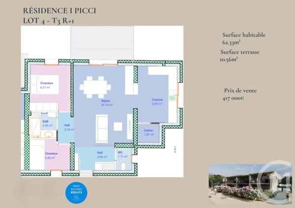 Appartement T3 à vendre  3 pièces - 62,33 m2 LUMIO - 202