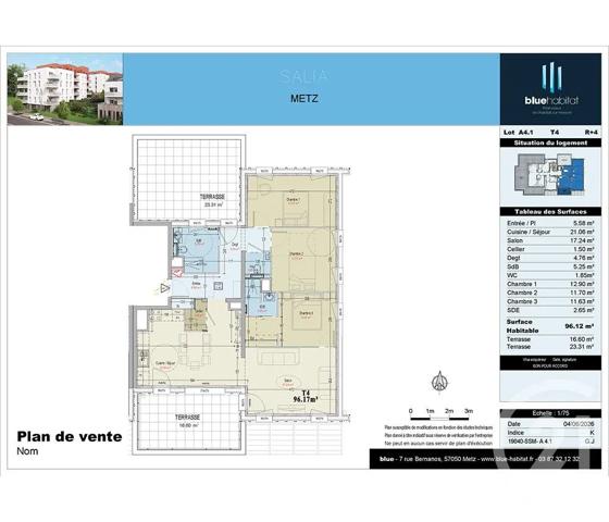 Appartement F4 à vendre  4 pièces - 96,17 m 2   METZ  - 57