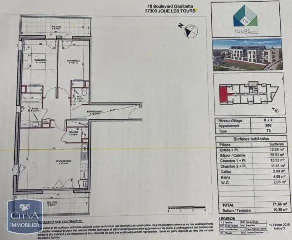 Appartement à louer 3 pièces 71.86m² Joué-lès-Tours (37300)