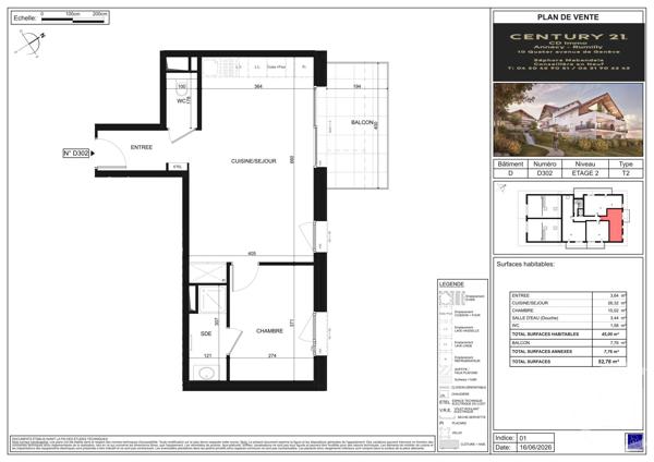 Appartement T2 à vendre  2 pièces - 45 m 2   POISY  - 74