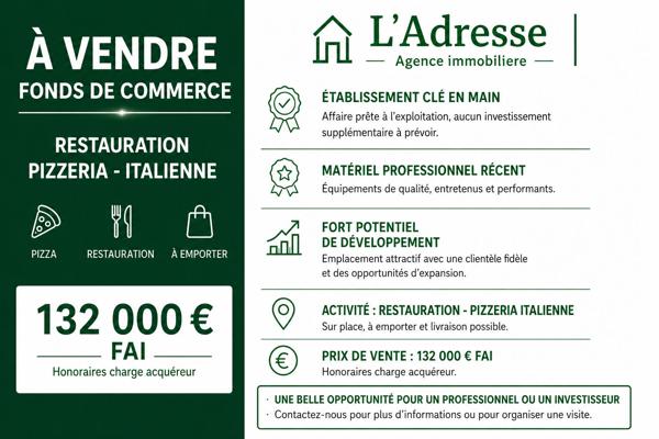 À VENDRE FONDS DE COMMERCE PIZZERIA / RESTAURATION ITALIENNE