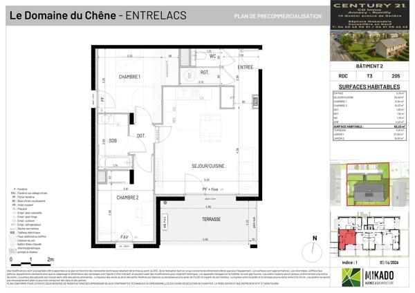 Appartement T3 à vendre  3 pièces - 62,60 m 2   ENTRELACS  - 73