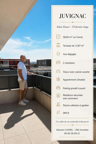 Il y a des résidences que l’on traverse… et d’autres qui donnent immédiatement envie de s’y installer.

Dès l’entrée dans Eden Flower, à Juvignac, le ton est donné : architecture soignée, végétation généreuse, jardin zen d’inspiration japonaise, piscine collective et espaces communs entretenus.

On oublie presque que Montpellier est à quelques minutes.

Puis on monte au 4ème et dernier étage avec ascenseur.

Et là, on découvre ce T3 climatisé de 58,04 m² Loi Carrez, avec cette sensation appréciable d’être en hauteur, sans voisin au-dessus, et avec une vue dégagée qui prolonge naturellement l’espace de vie.

Le séjour avec cuisine ouverte développe 21,56 m² et s’ouvre sur une terrasse de 12,87 m².

Un vrai espace extérieur pour prendre un café le matin, déjeuner dehors ou simplement profiter des beaux jours.

L’espace nuit comprend deux chambres de 12,17 m² et 9,60 m², une salle de bains, un WC indépendant et des rangements.

Une place de stationnement privative couverte en sous-sol complète l’ensemble.

La résidence, construite en 2013, bénéficie également d’un gardien, d’un ascenseur, d’un accès sécurisé et d’une piscine collective.

DPE B.

Charges de copropriété : environ 256 €/mois, comprenant notamment chauffage, eau chaude, eau froide, piscine, gardien, ascenseur et entretien des parties communes.

Situé dans le quartier des Constellations à Juvignac, à proximité du tramway ligne 3, des commerces et des accès vers Montpellier.

Pour vous aider à vous projeter, certaines photographies ont fait l’objet d’un home staging virtuel ; les photographies de l’appartement dans son état actuel sont également présentées. Le plan d’aménagement 3D constitue une proposition d’agencement et est non contractuel.

Prix : 205 000 € FAI – honoraires à la charge du vendeur.

Vous recherchez un T3 à Juvignac qui ne ressemble pas à une simple résidence classique ?

Venez découvrir Eden Flower, son environnement, puis cet appartement au dernier étage.

Contactez-moi pour échanger sur votre projet et organiser une visite.