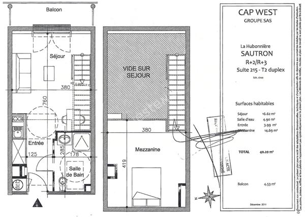 Sautron Hubonnière : VENTE Appartement T2 duplex 40 m², meublé. LMNP, bail commercial, loyers garantis.
