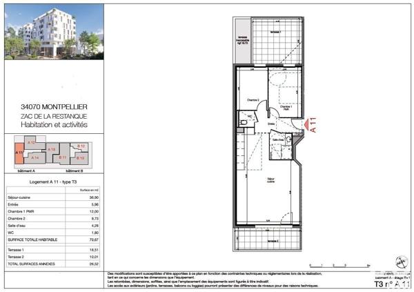 Appartement 3 pièces de 70 m² à Montpellier (34000)