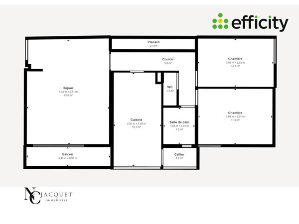 Appartement 3 pièces - 68 m² Exclusivité efficity